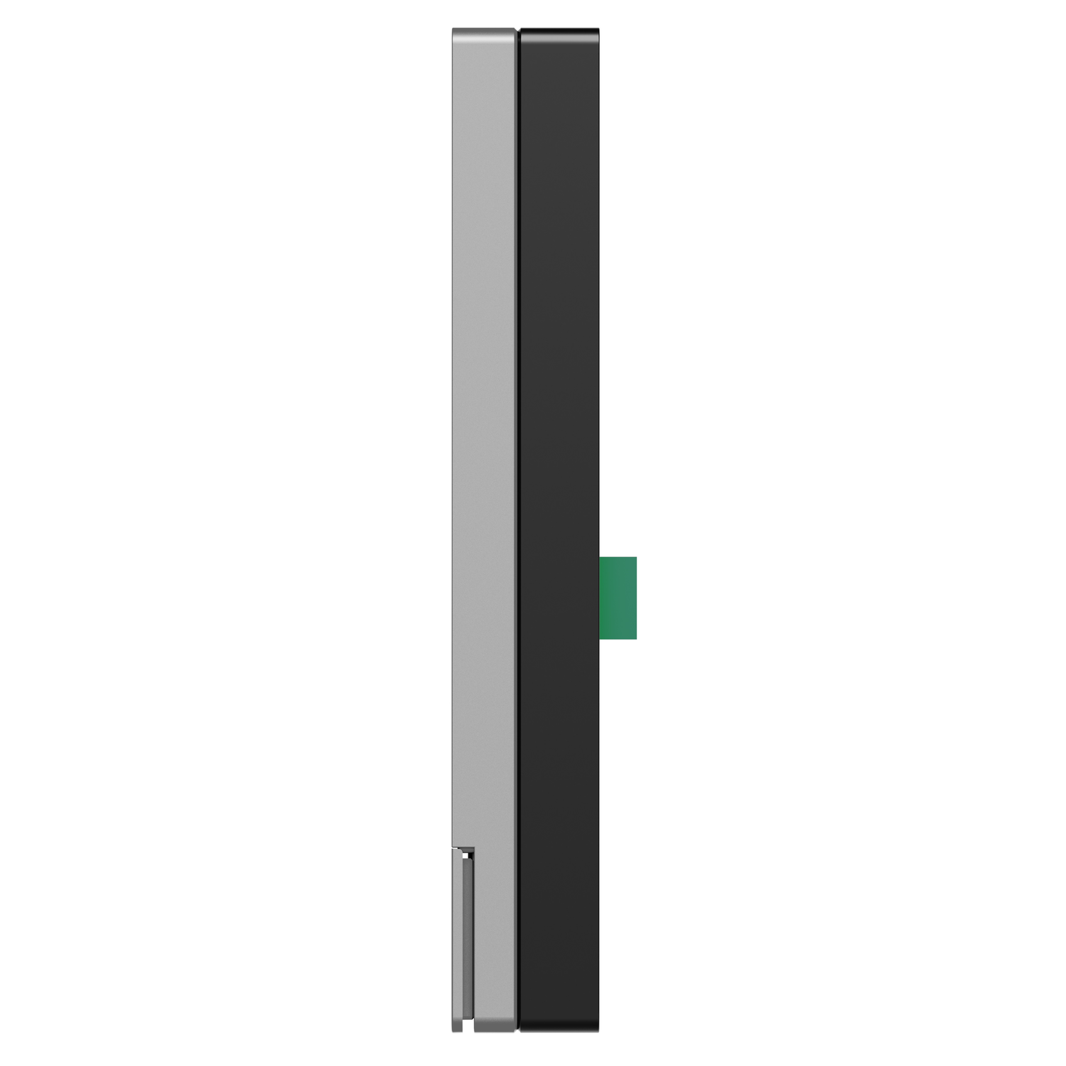 A side view of a rectangular, gray and black device with a green button on white background.
