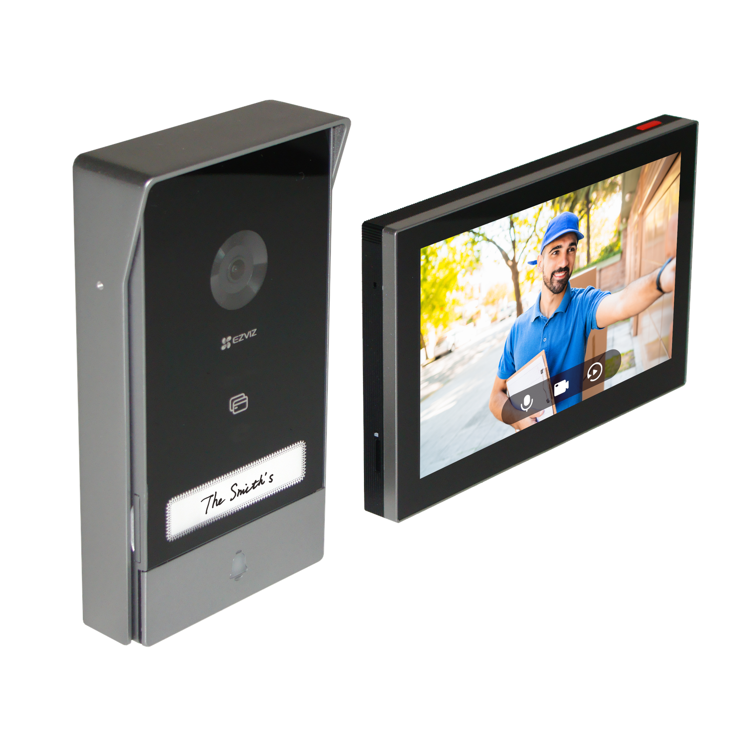 Doorbell and monitor, showing a delivery person on screen.