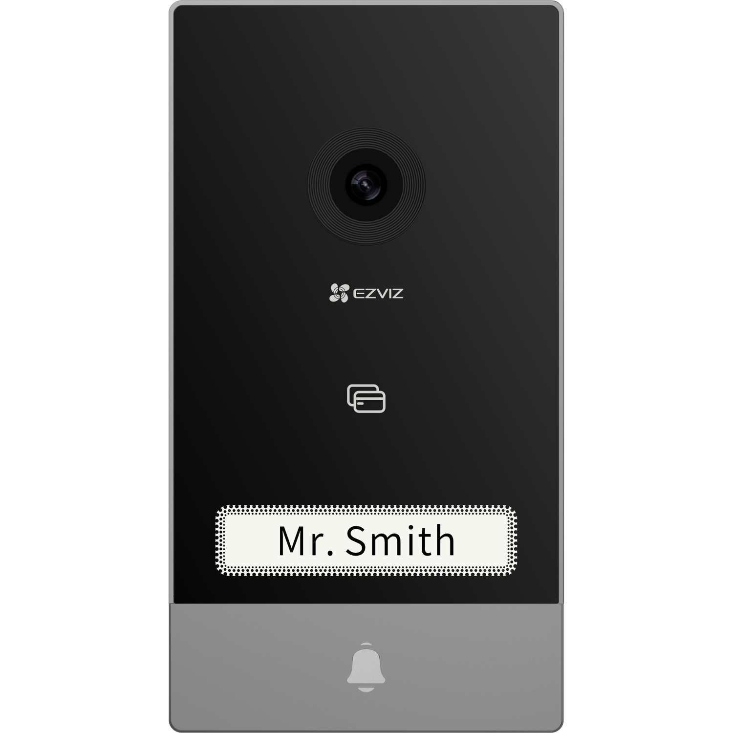 Black and silver doorbell with a name tag that reads 'Mr. Smith'.