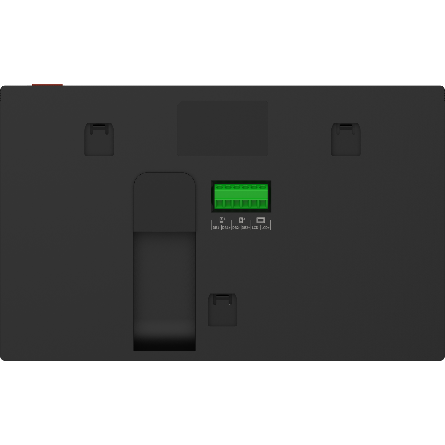 A black control panel with green terminals and several connection ports.