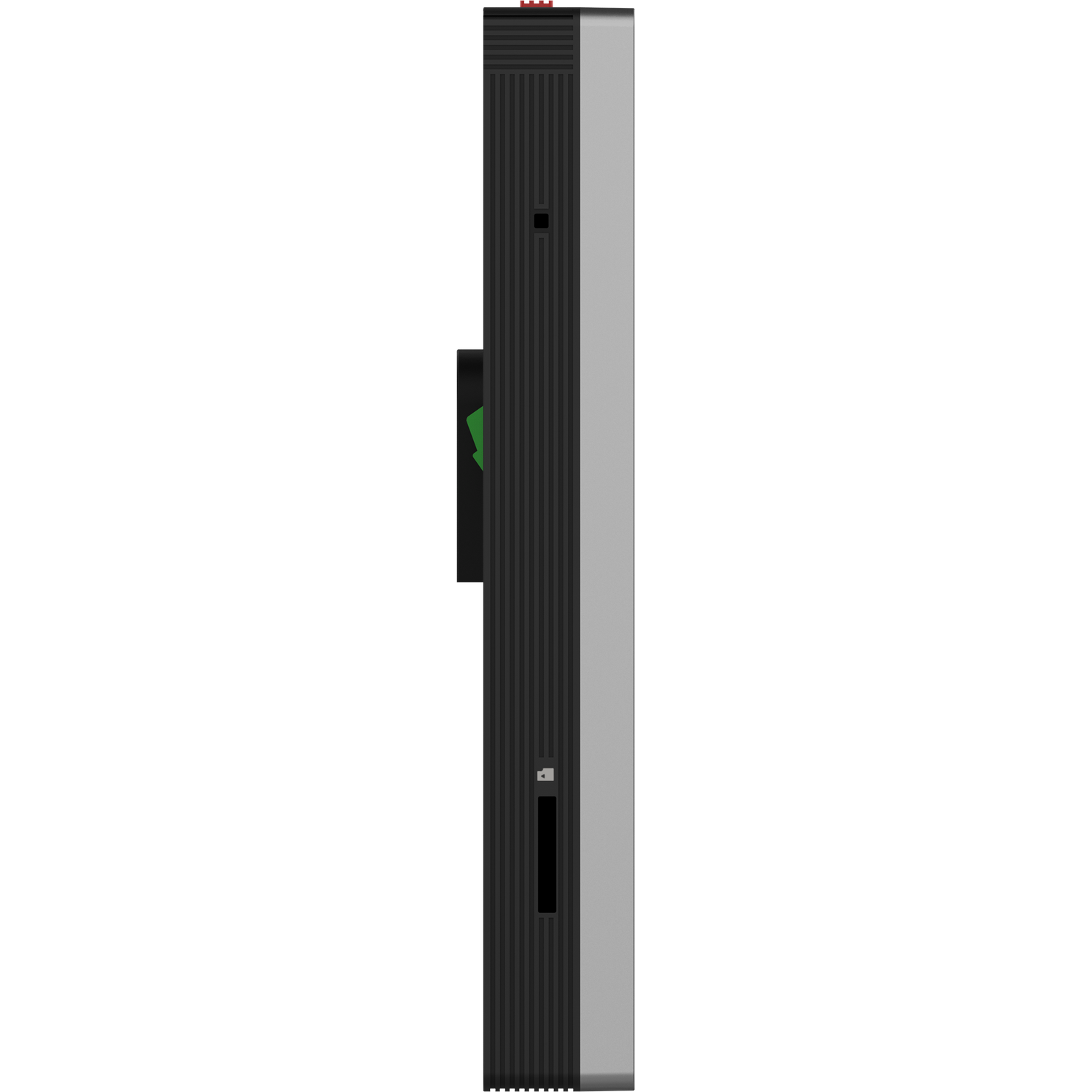 Side view of a black and silver smart doorbell.
