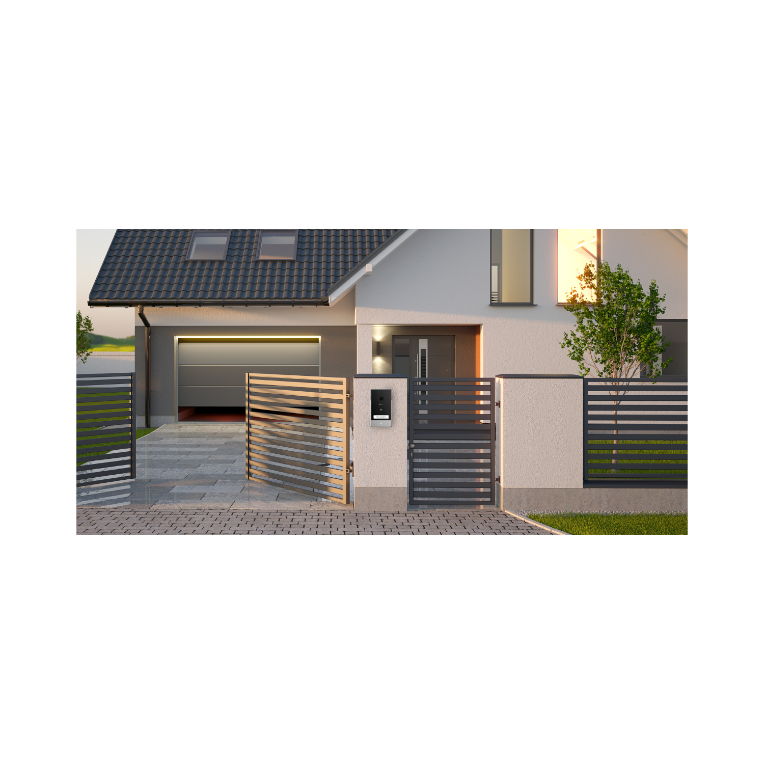 A house with a driveway, gate, and a smart doorbell.