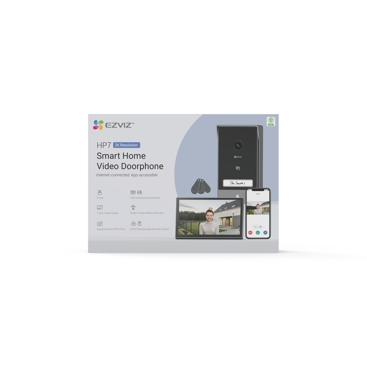 Box with a smart home video doorbell, showing the device and a smartphone.