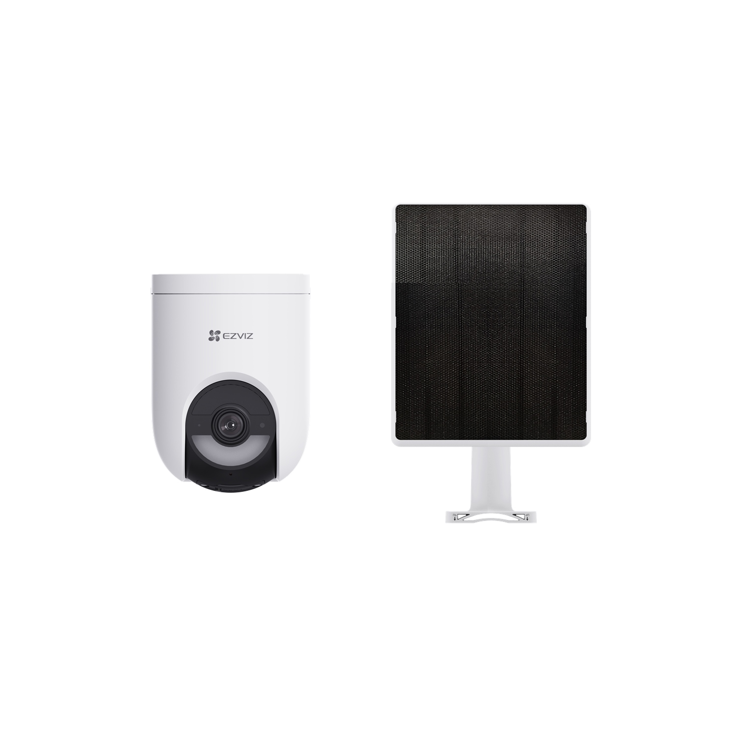 White security camera with a solar panel, designed for outdoor surveillance.