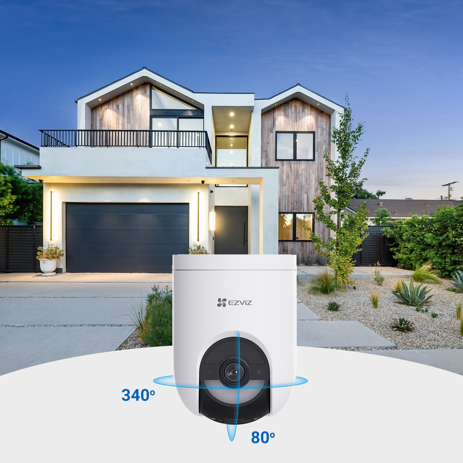 EZVIZ security camera with wide view, in front of a modern house.