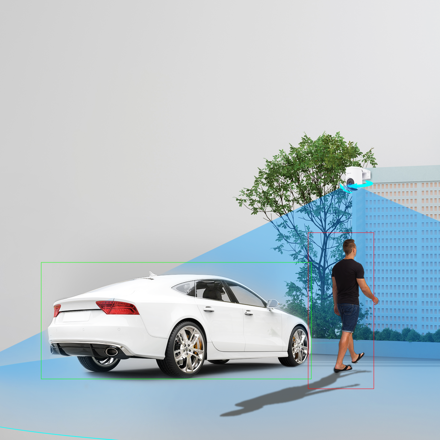 A white car with a person walking, and a security camera with a blue zone.