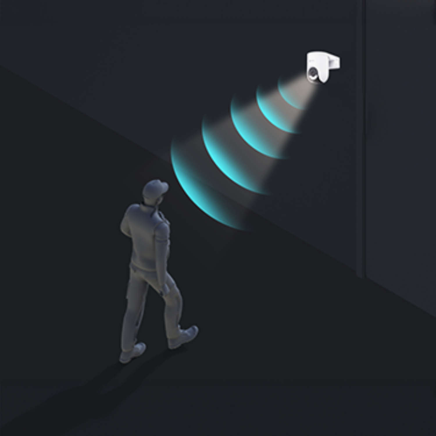 A security camera on a wall emitting detection waves.