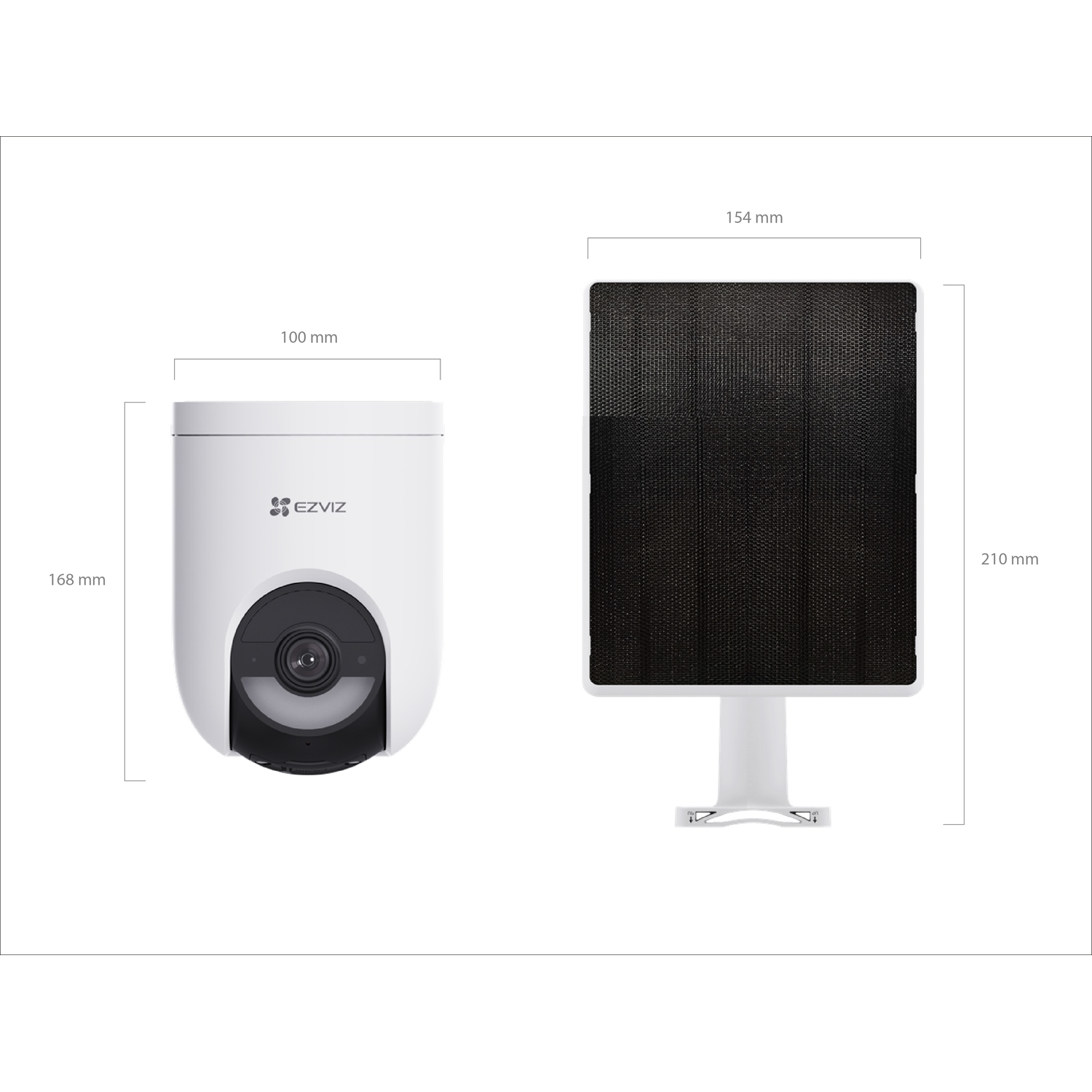 A white EZVIZ security camera and a solar panel. Dimensions in mm are shown.
