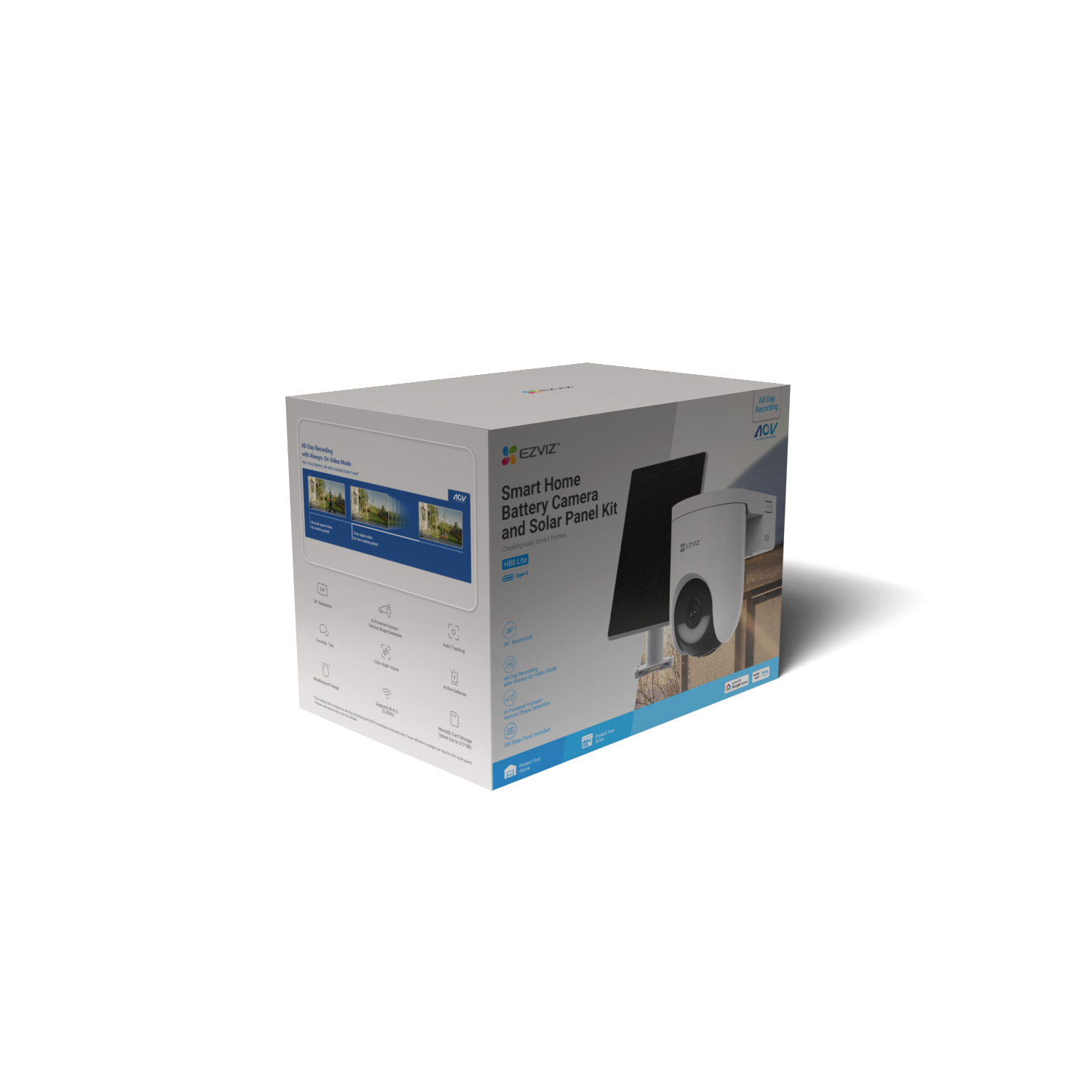 Box with a security camera kit, showing various features.