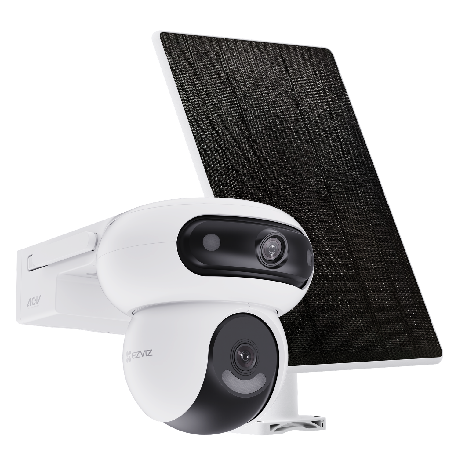 White security camera with a black panel and a solar panel in background. The camera has a white arm.