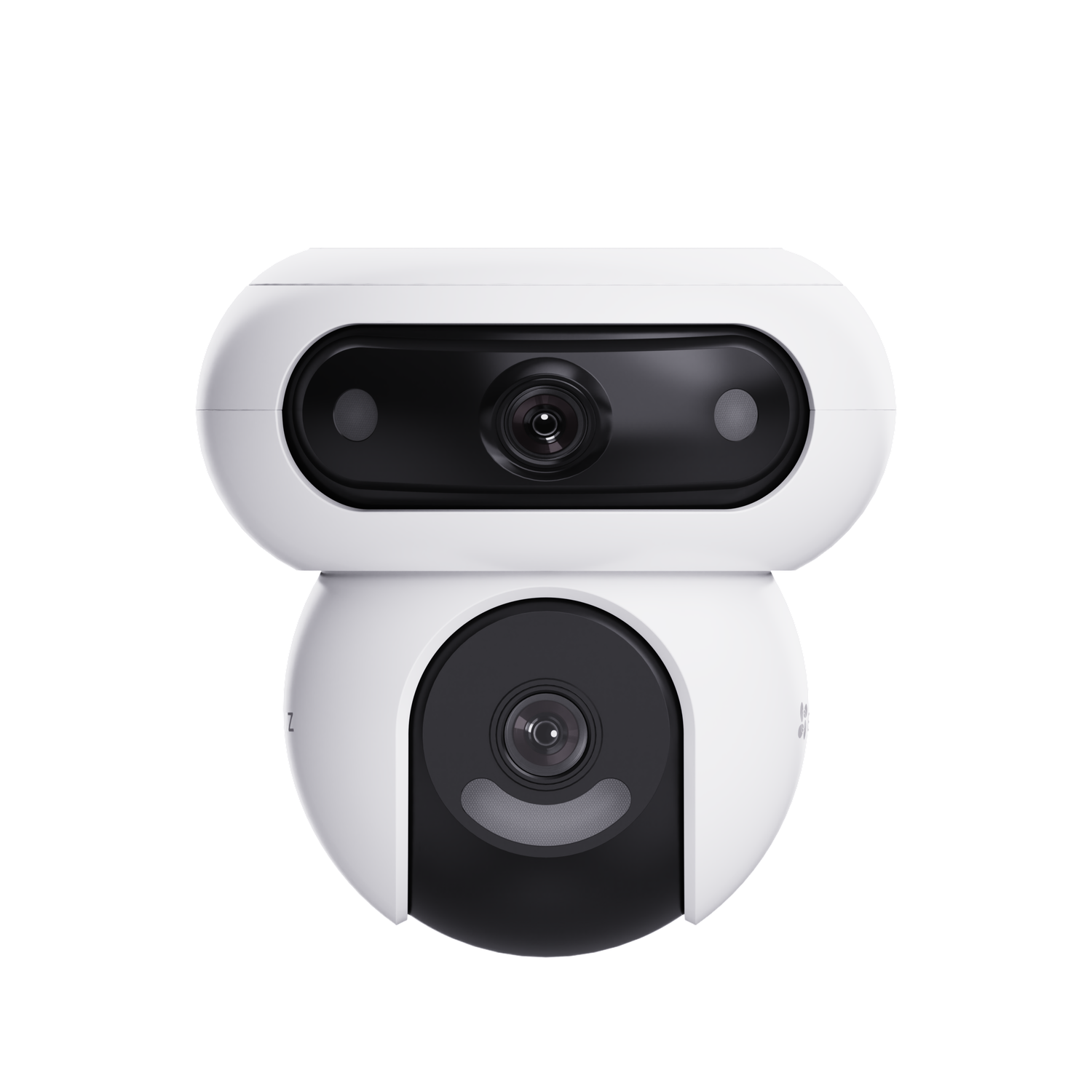A white security camera with two lenses, with a black background.