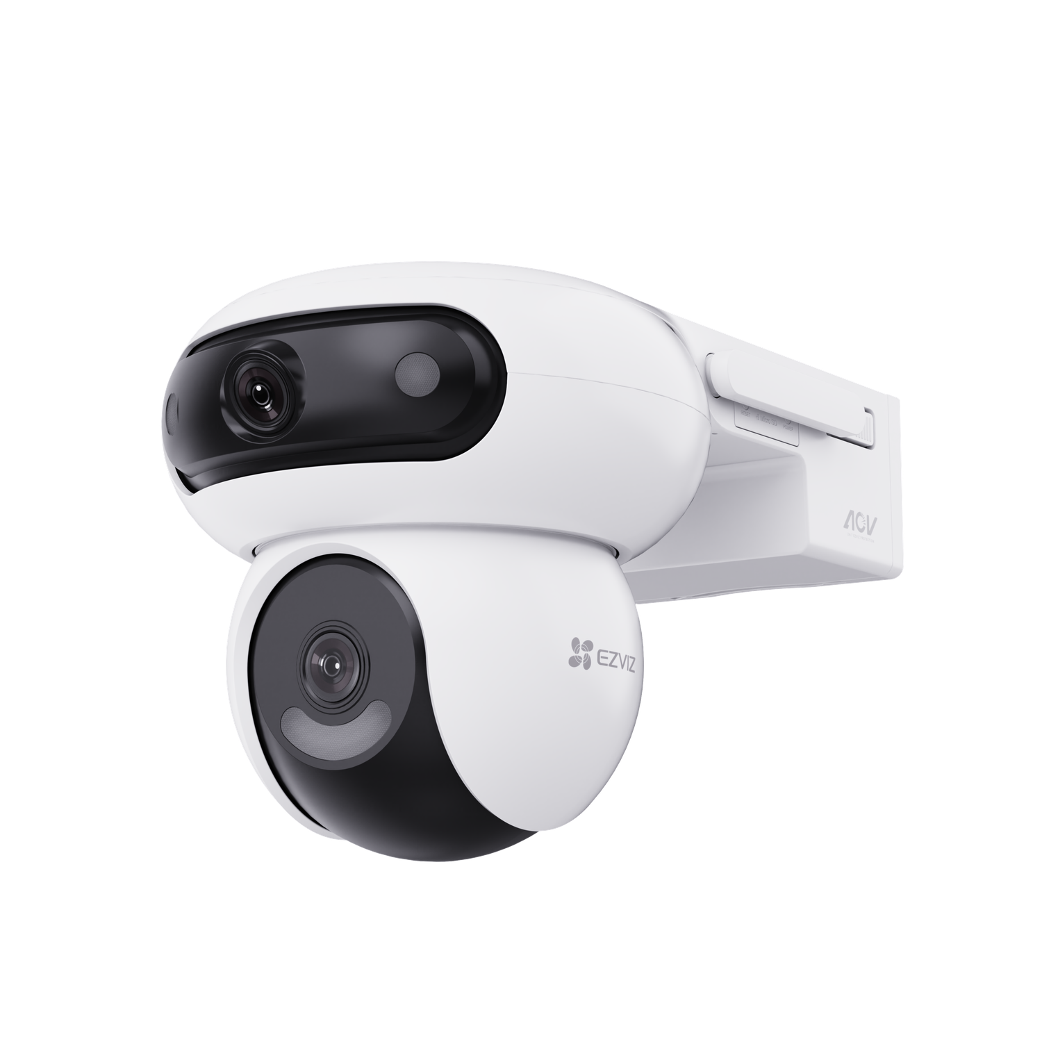 White security camera on a white background with a black lens.