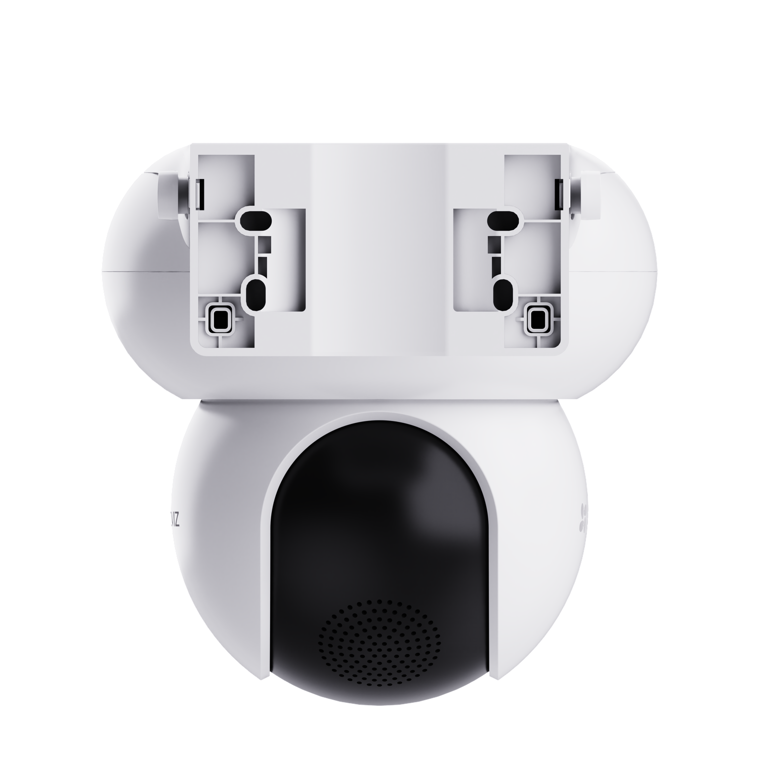 A top-down view of a white security camera with a black lens and mounting details.