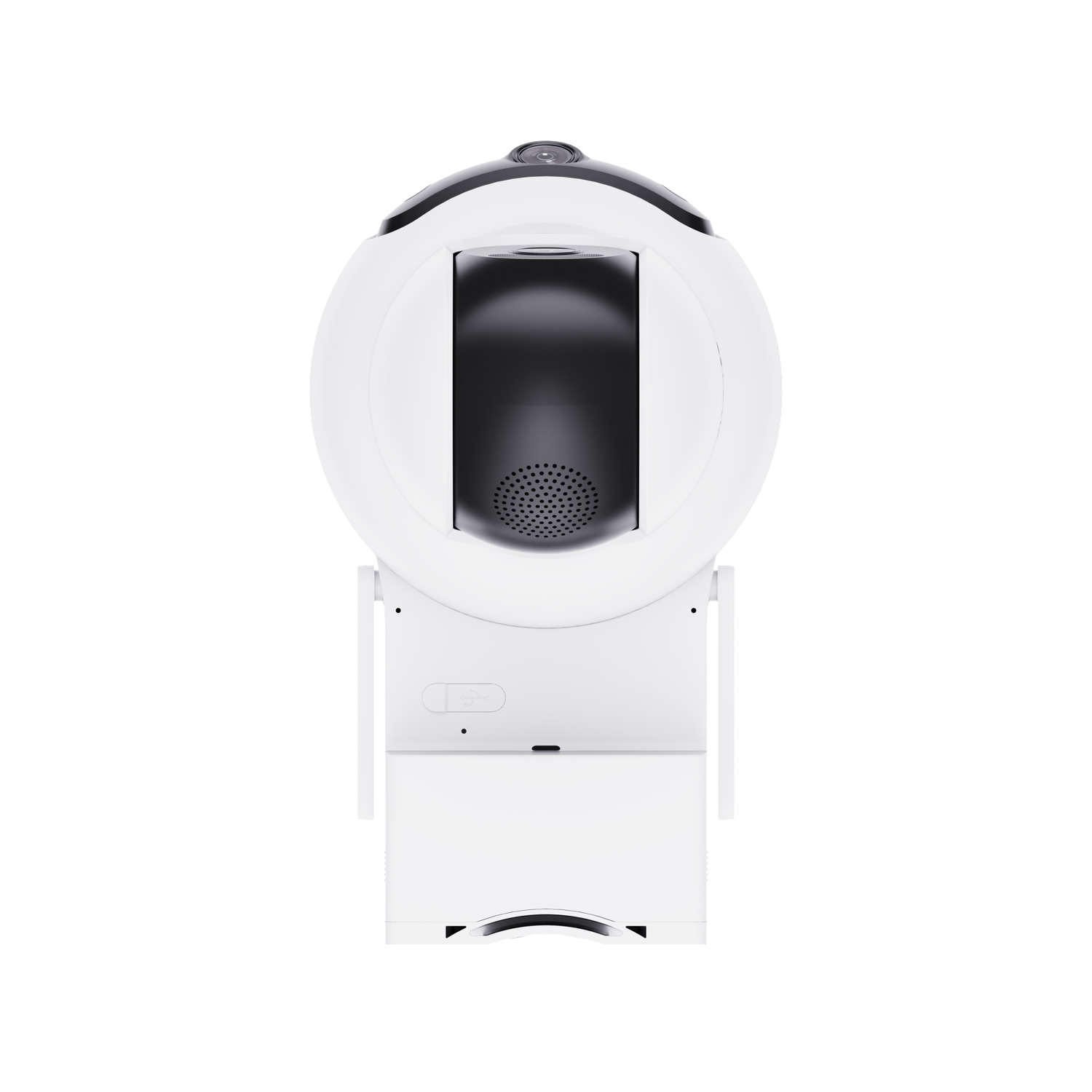 A white and black security camera with a rounded top, facing forward. It is on a white background.