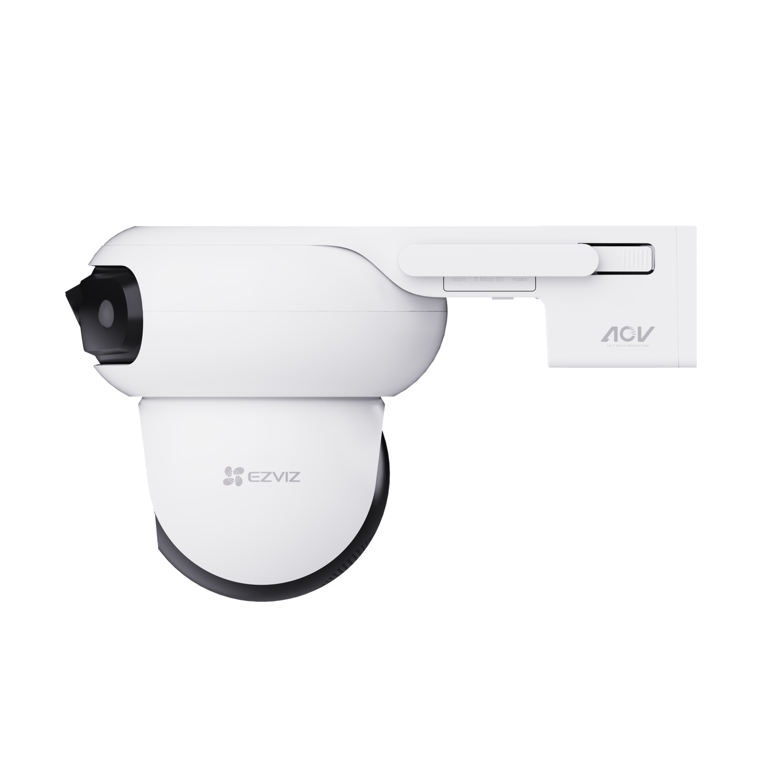 White EZVIZ security camera with a black lens, mounted on a white surface. The camera is angled.