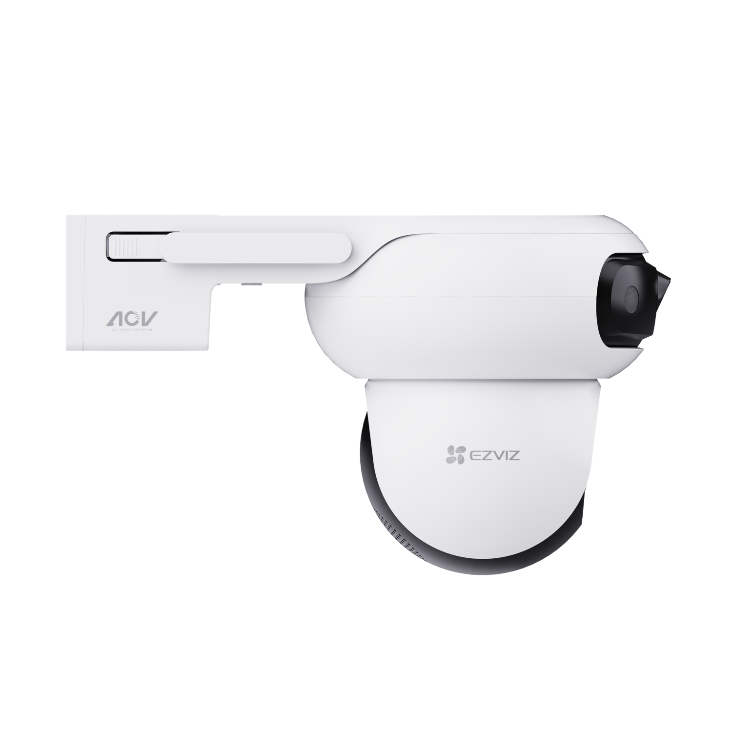 White security camera mounted on a wall. The camera has the EZVIZ logo on it.