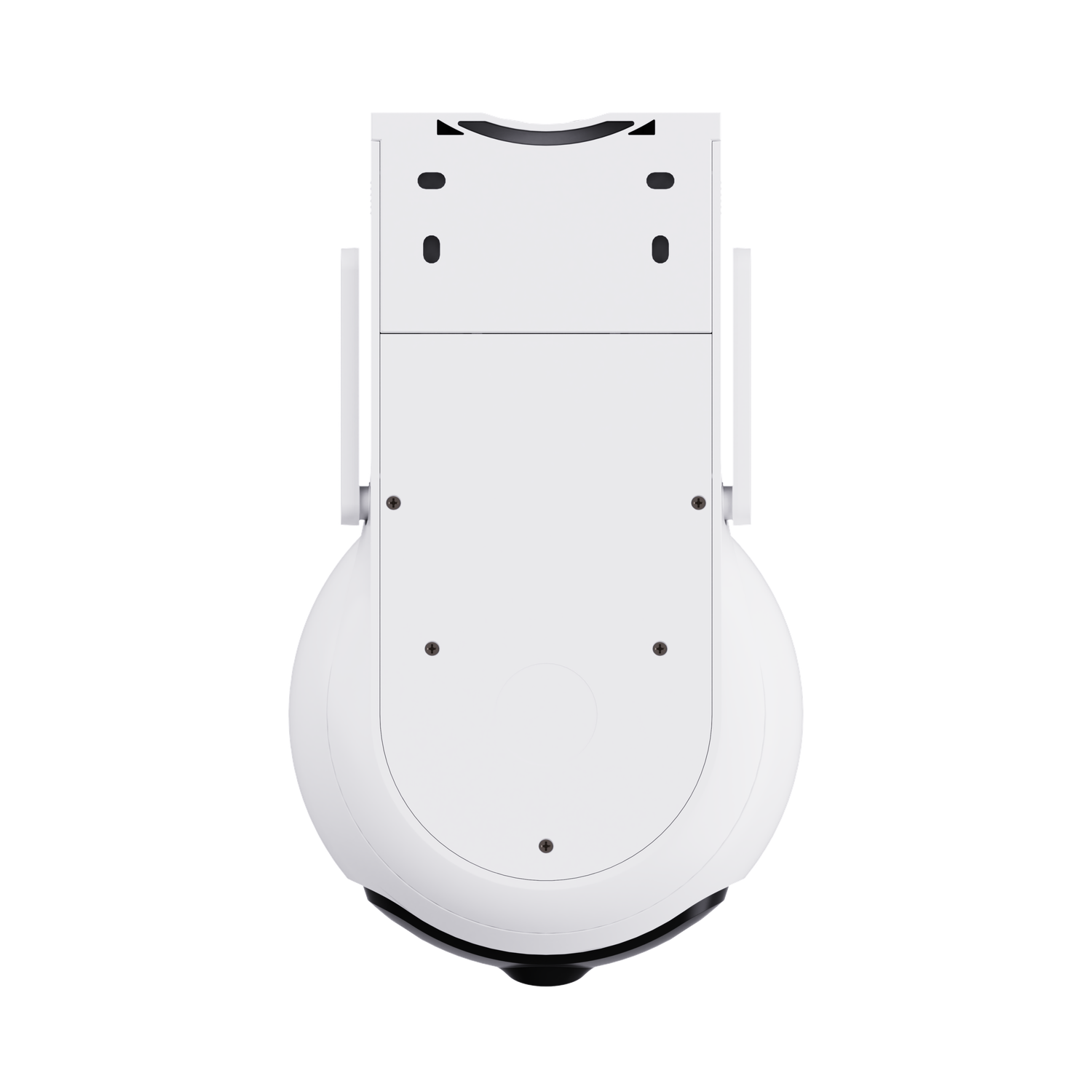 White surveillance camera from below, showing mounting plate.