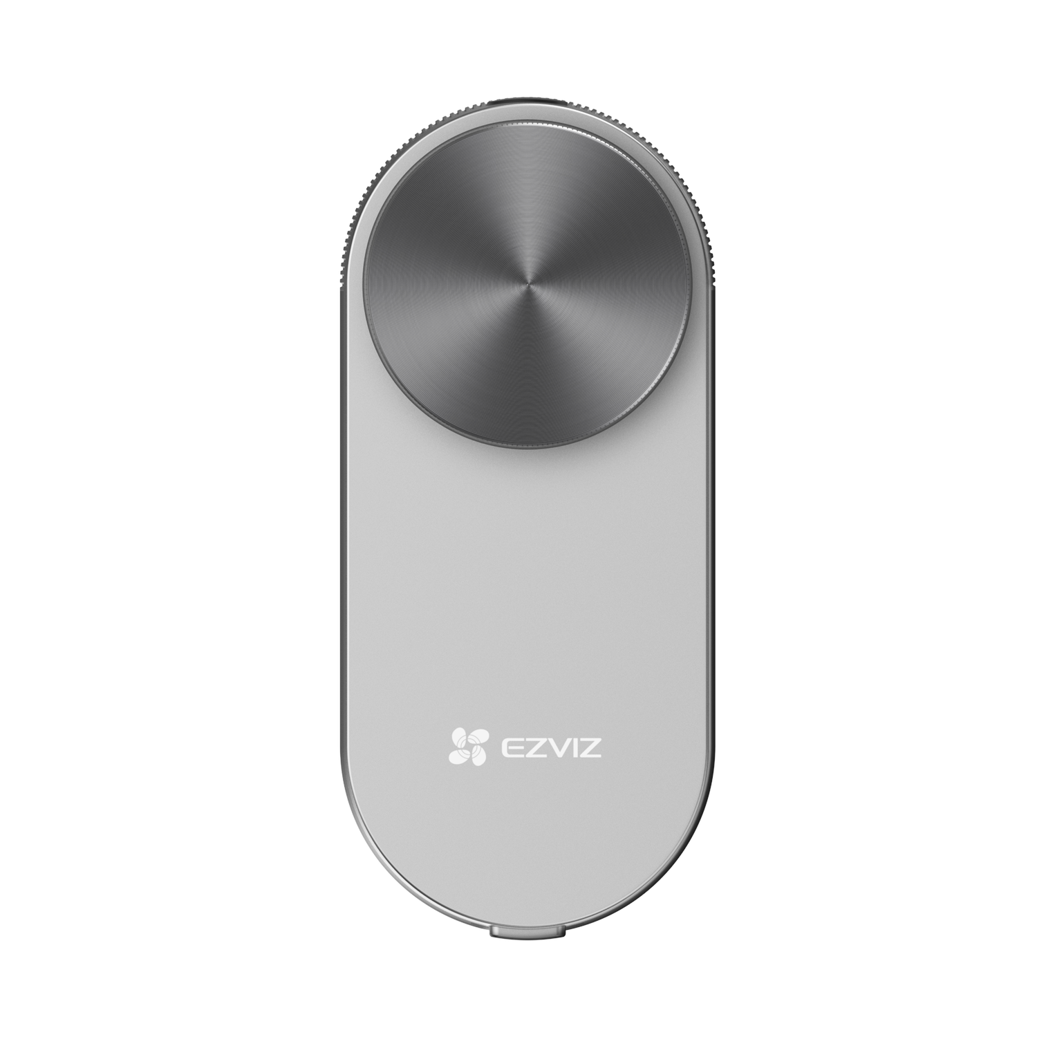 Een wit en zilver cilindrisch apparaat met het EZVIZ-logo.