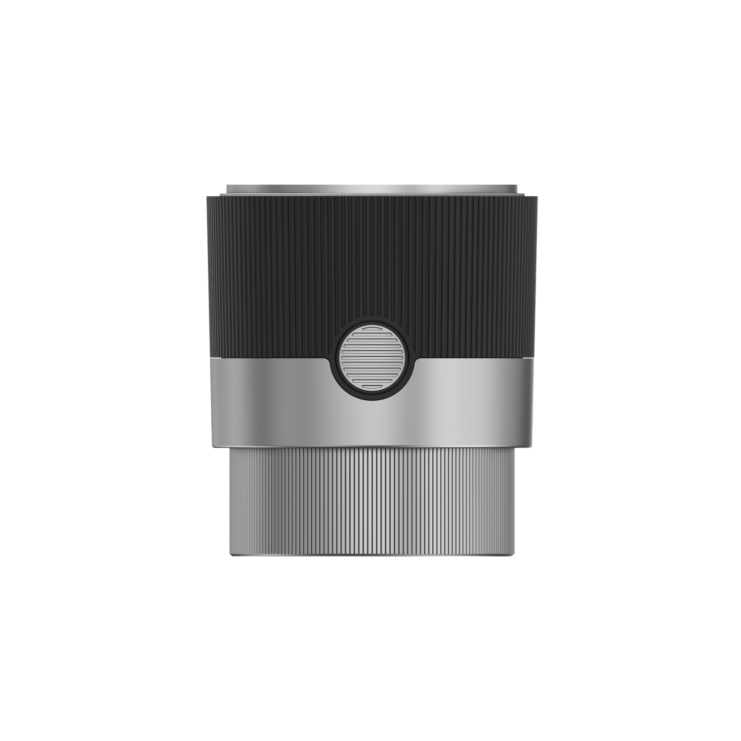 Een zwart en zilverkleurig apparaat met een ronde knop. Het apparaat heeft verticale lijnen aan de zijkanten.