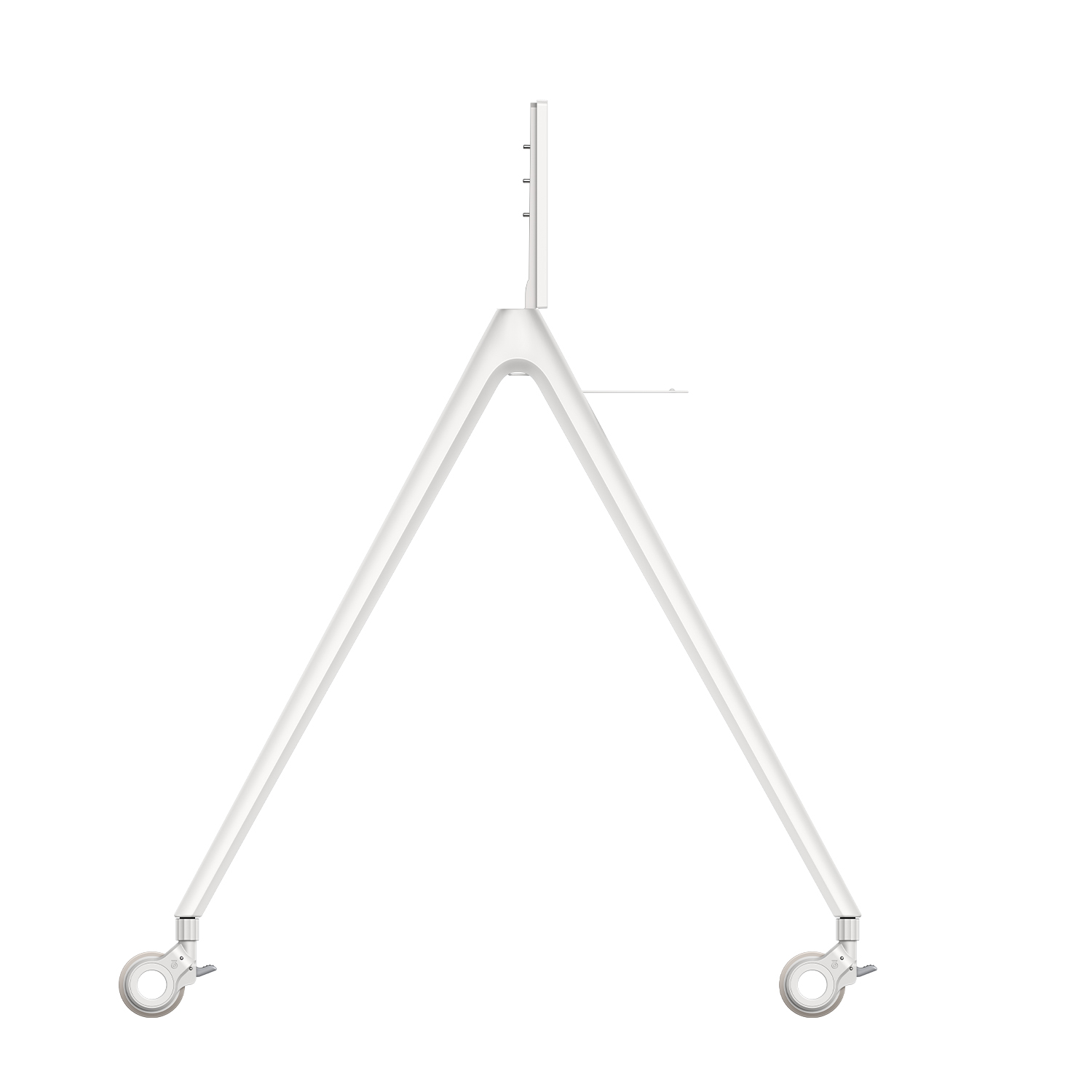 Supporto TV bianco con due gambe e ruote, design angolato.