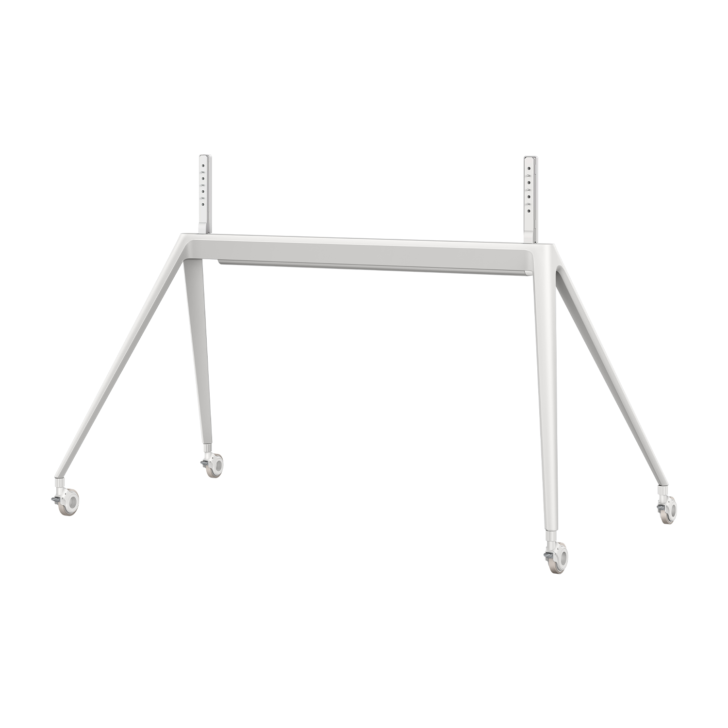 Struttura tavolo bianca con quattro gambe e ruote, su sfondo bianco.