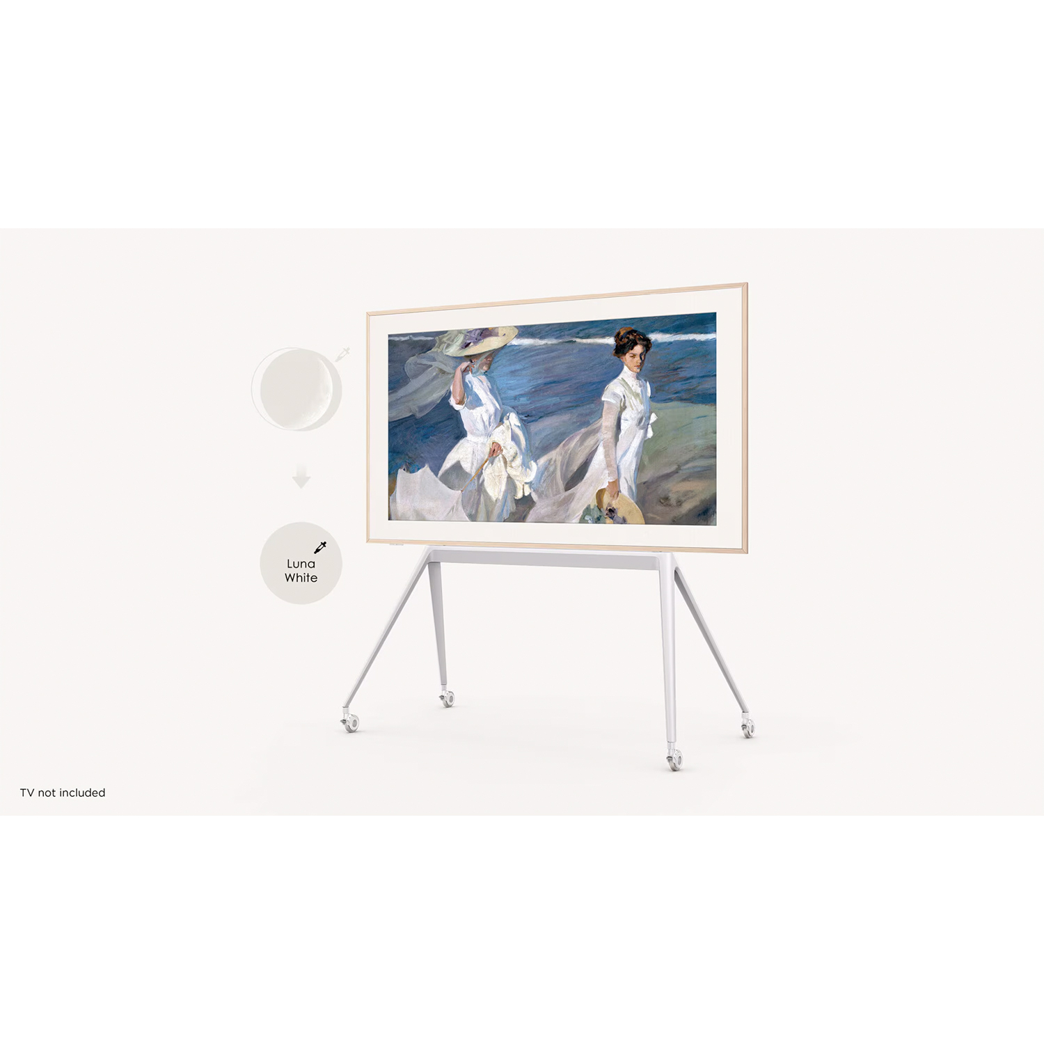 TV su un supporto bianco, con un dipinto visualizzato sullo schermo.