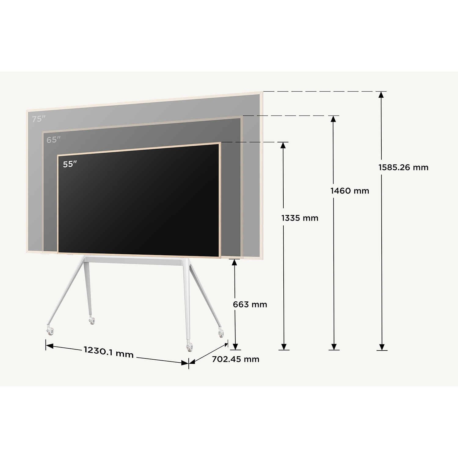 TV su supporto, con confronti di dimensioni: 55", 65" e 75". Dimensioni e misure sono visualizzate.