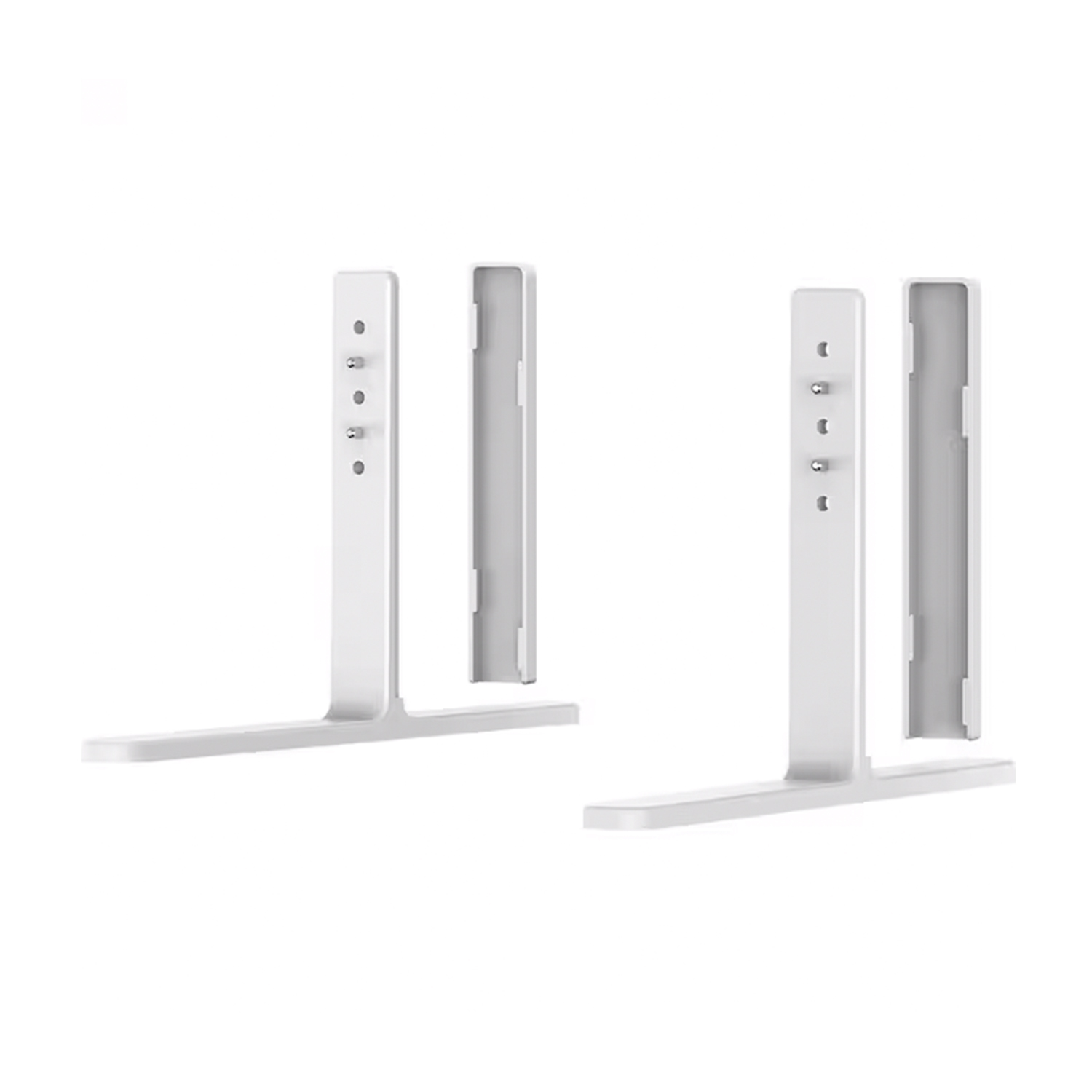 Due staffe bianche a forma di T, progettate per sostenere una soundbar, su sfondo bianco.