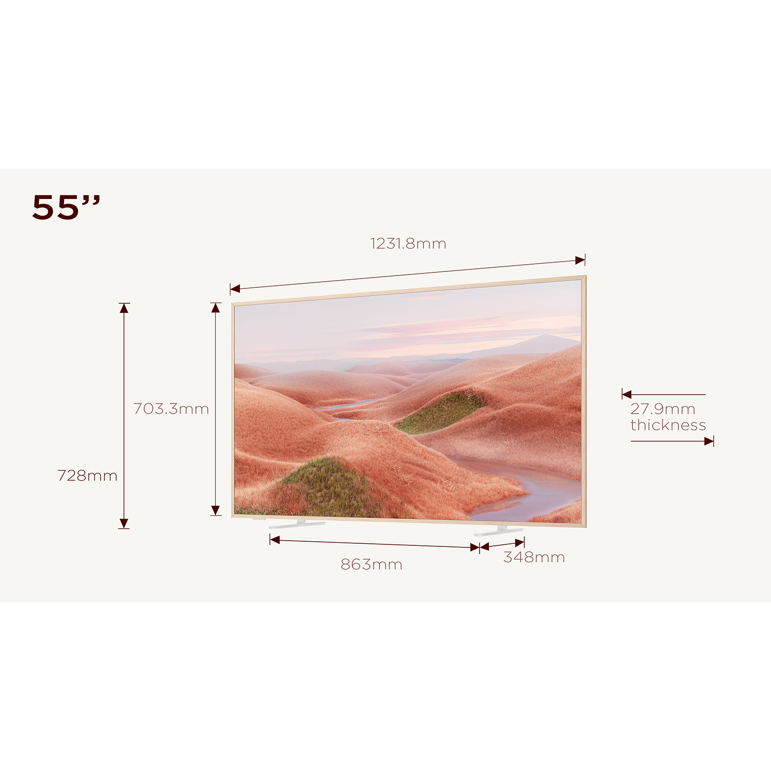 Un televisore da 55 pollici mostra un dipinto di paesaggio, con dimensioni e misure.