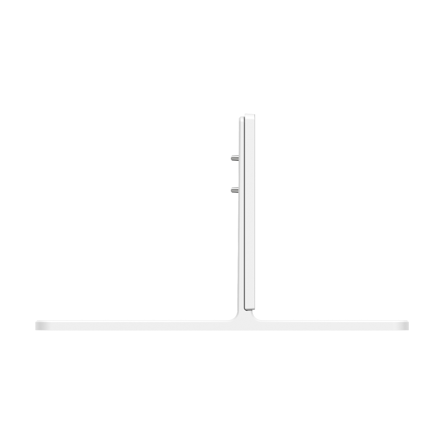 Un oggetto bianco a forma di T su sfondo bianco. Sembra essere un supporto TV.