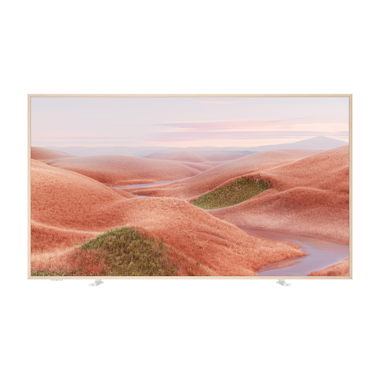 Uno schermo TV moderno con un paesaggio. L'immagine mostra colline rosa e verdi con un ruscello.
