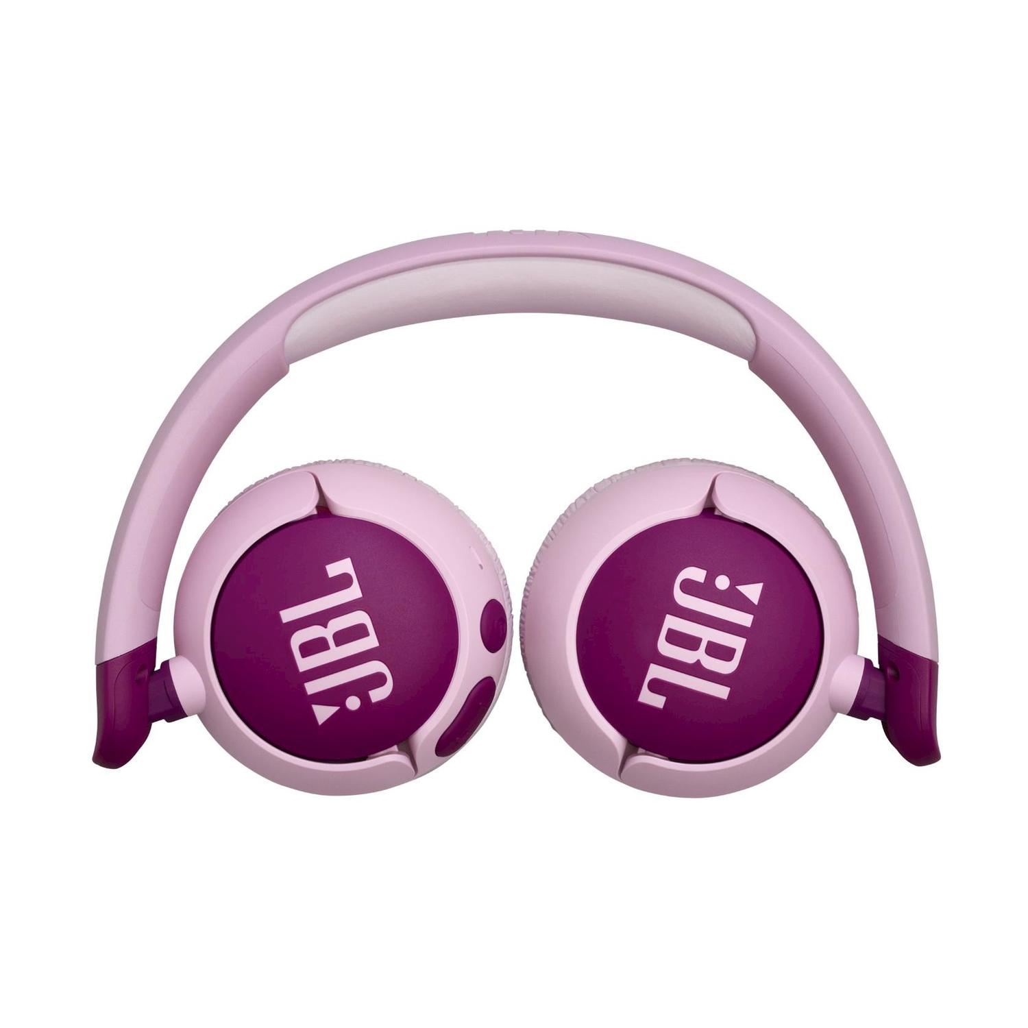 Cuffie JBL rosa su sfondo bianco. I padiglioni auricolari hanno il logo JBL.