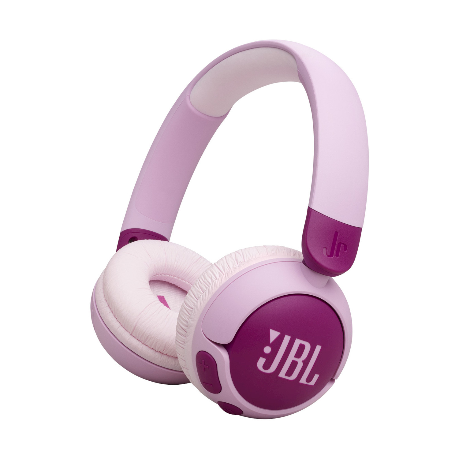 Cuffie JBL rosa e viola, con padiglioni auricolari, archetto e controlli.
