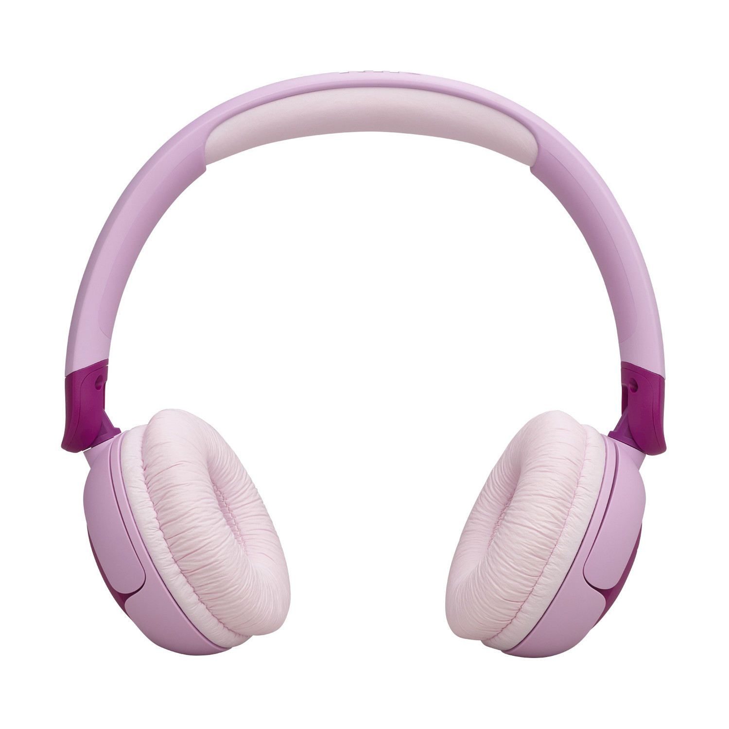 Cuffie rosa su sfondo bianco. Le cuffie sono rivolte verso l'osservatore.