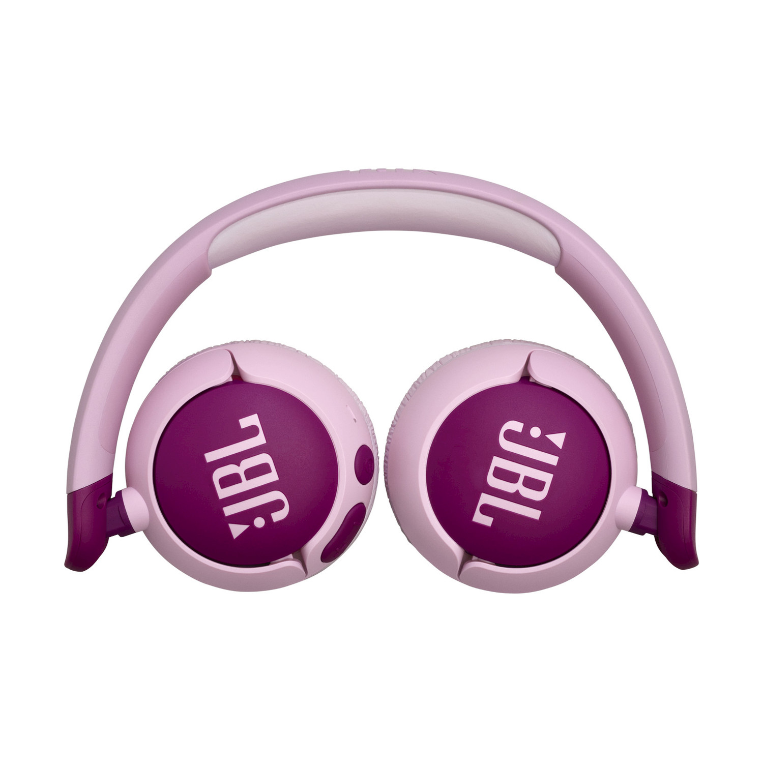 Cuffie JBL rosa piegate, con il logo JBL bianco su ciascun padiglione.