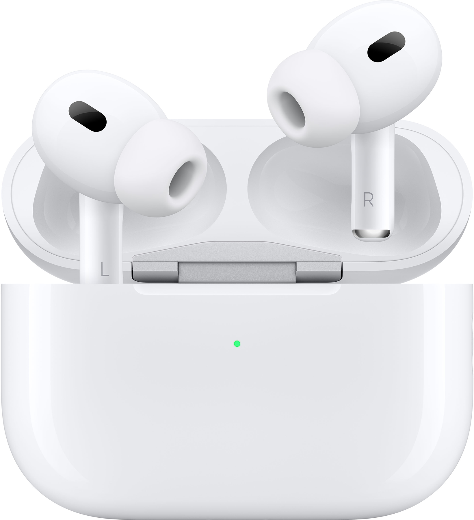 Fehér Apple AirPods Pro, töltőtok és egy zöld töltőfény a tokon.