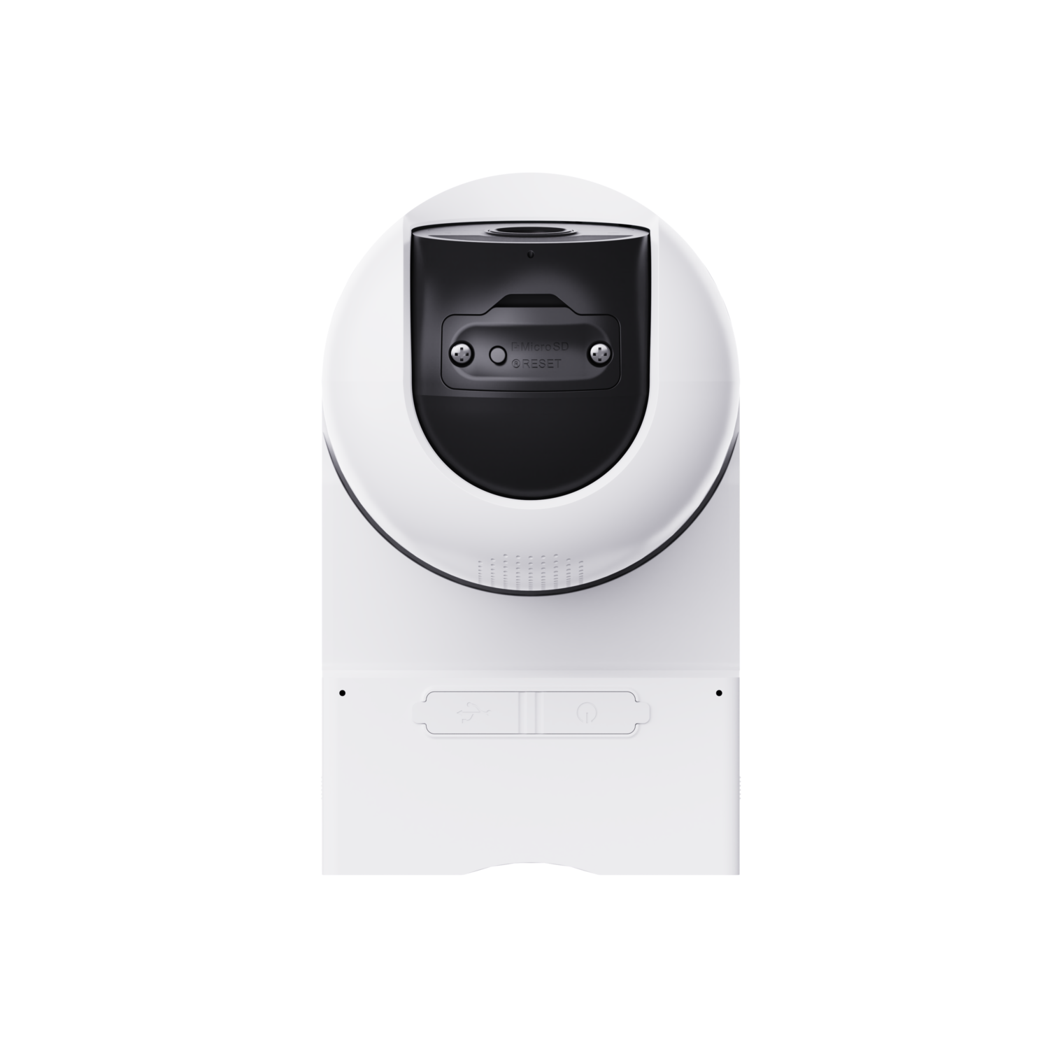 White, rounded security camera with a black front. Includes a reset button and USB ports.