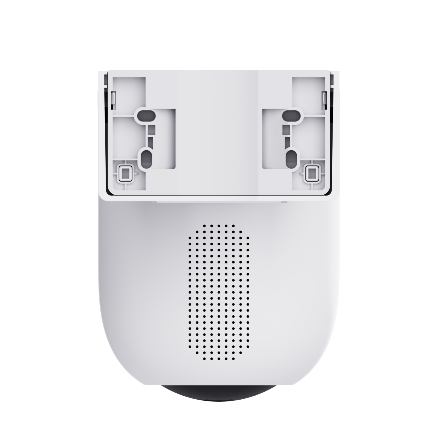 White security camera, top view. Shows the mounting holes and speaker holes.