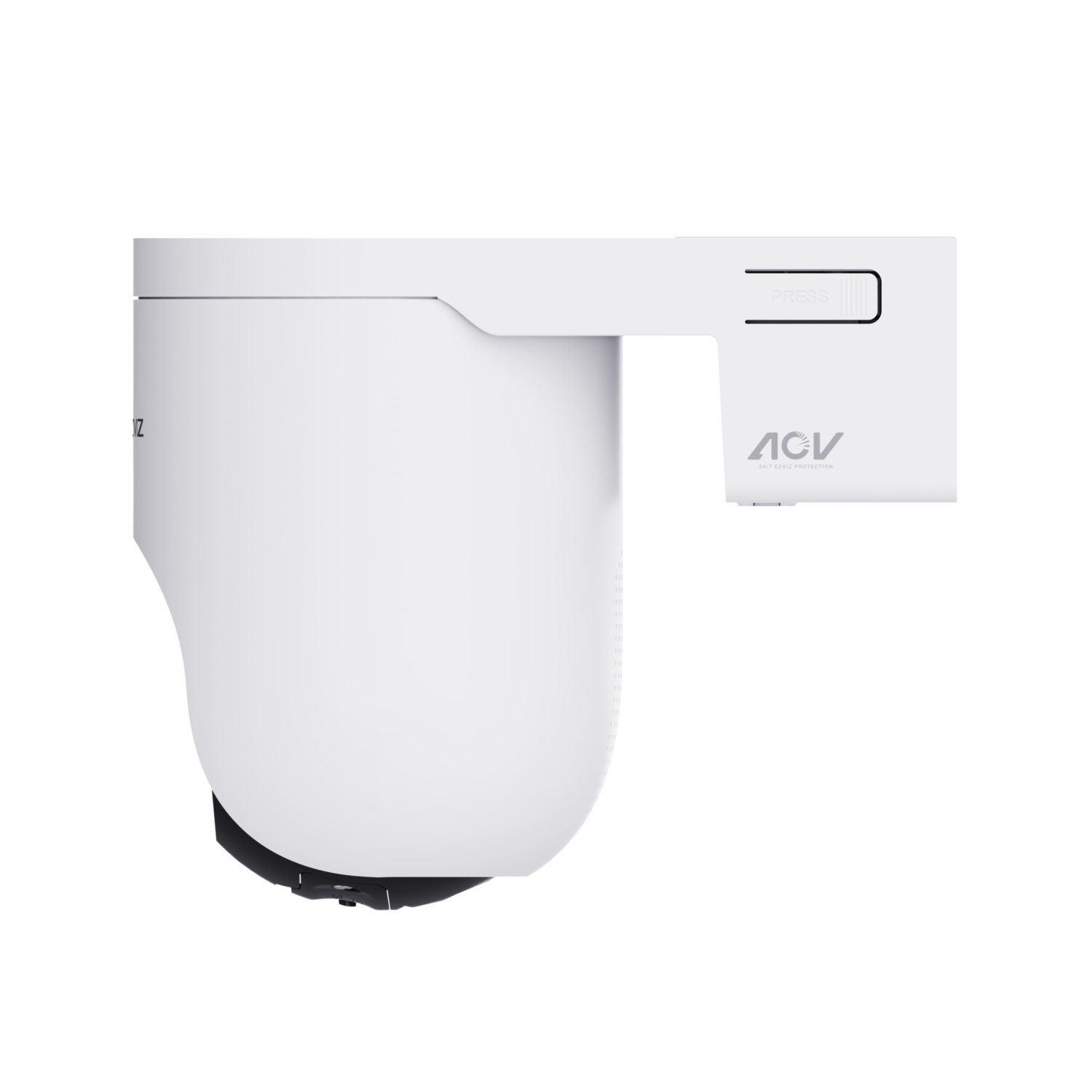 White security camera with a 'PRESS' button on top. Black background.