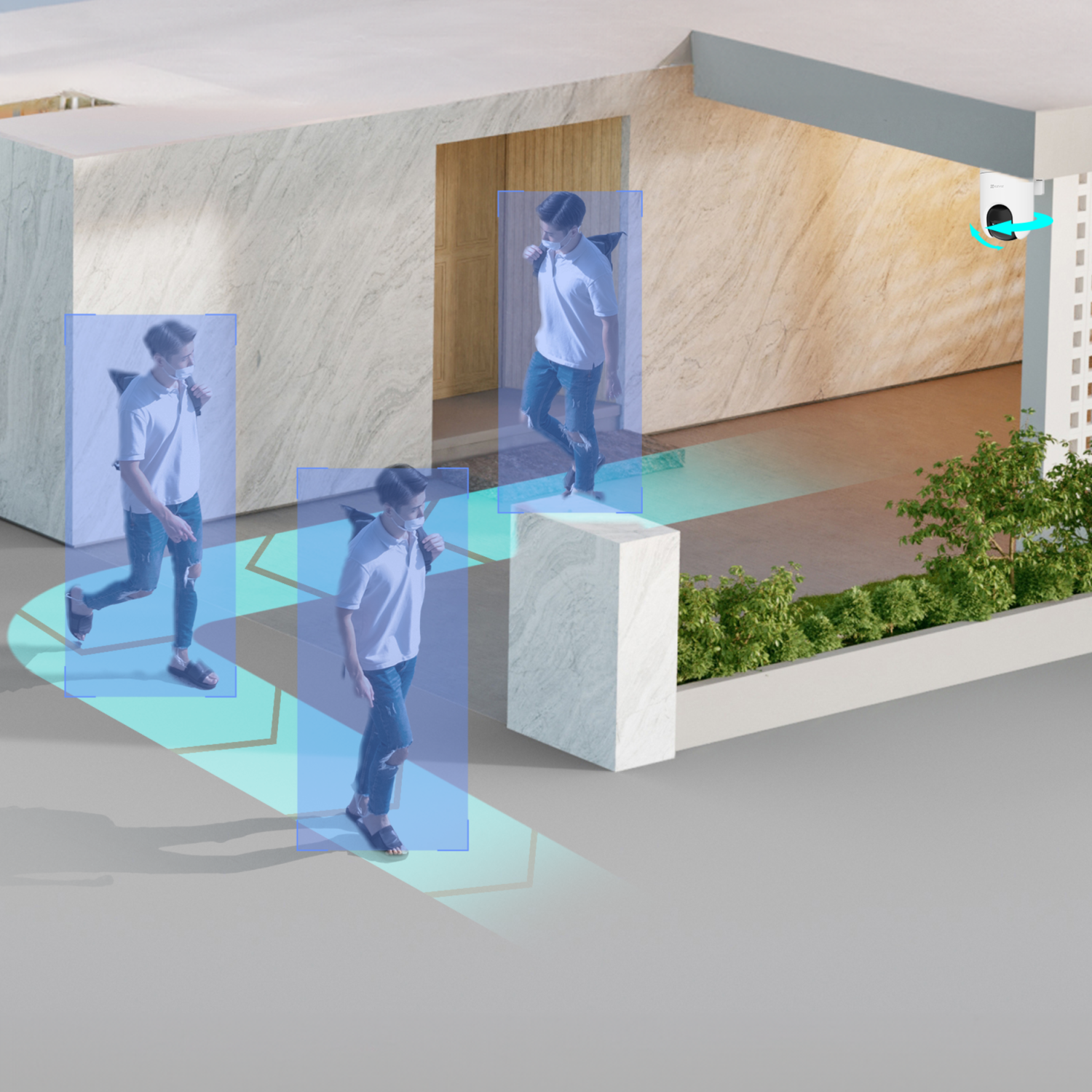 People walking indoors with blue boxes around them, a camera in the corner.