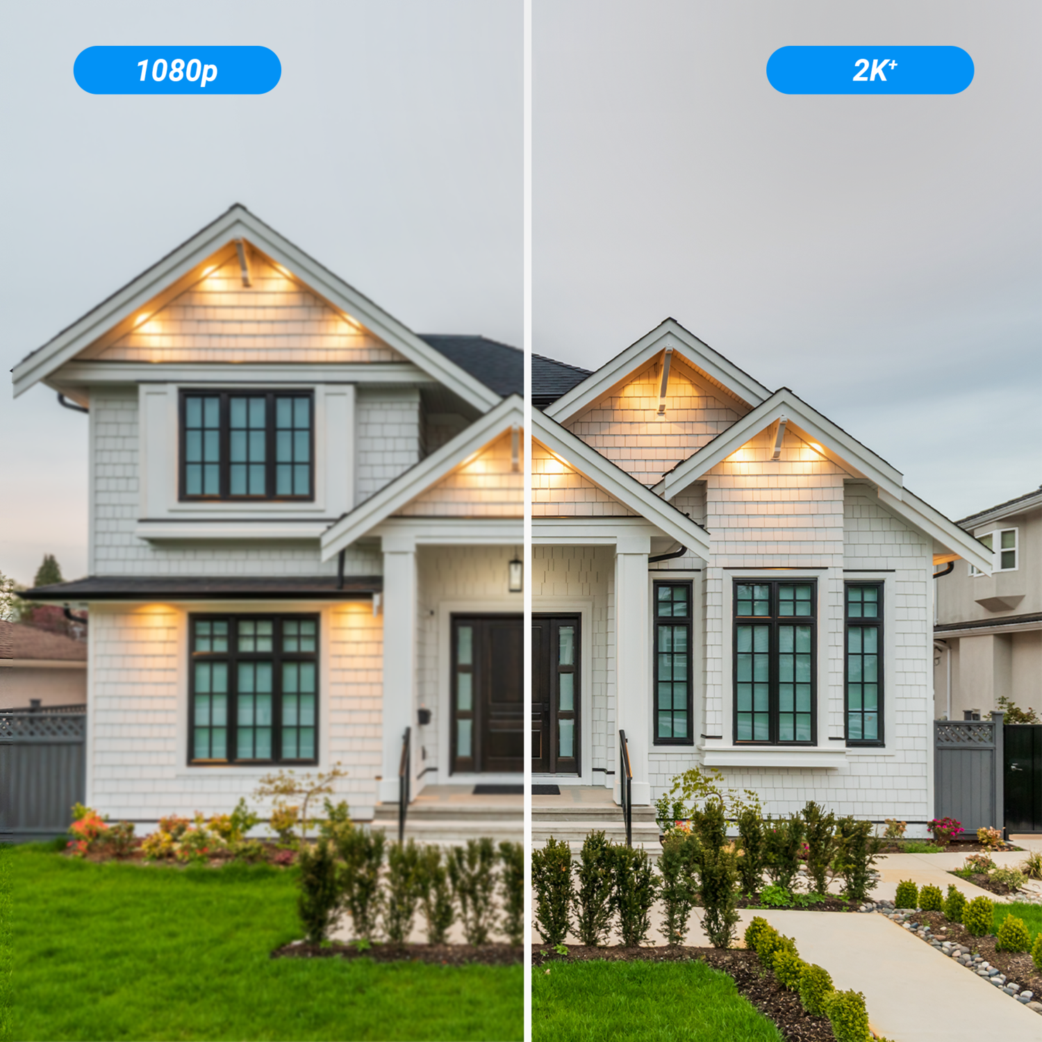 Split image of a house showing 1080p and 2K+ resolution. The house is white with green lawn.