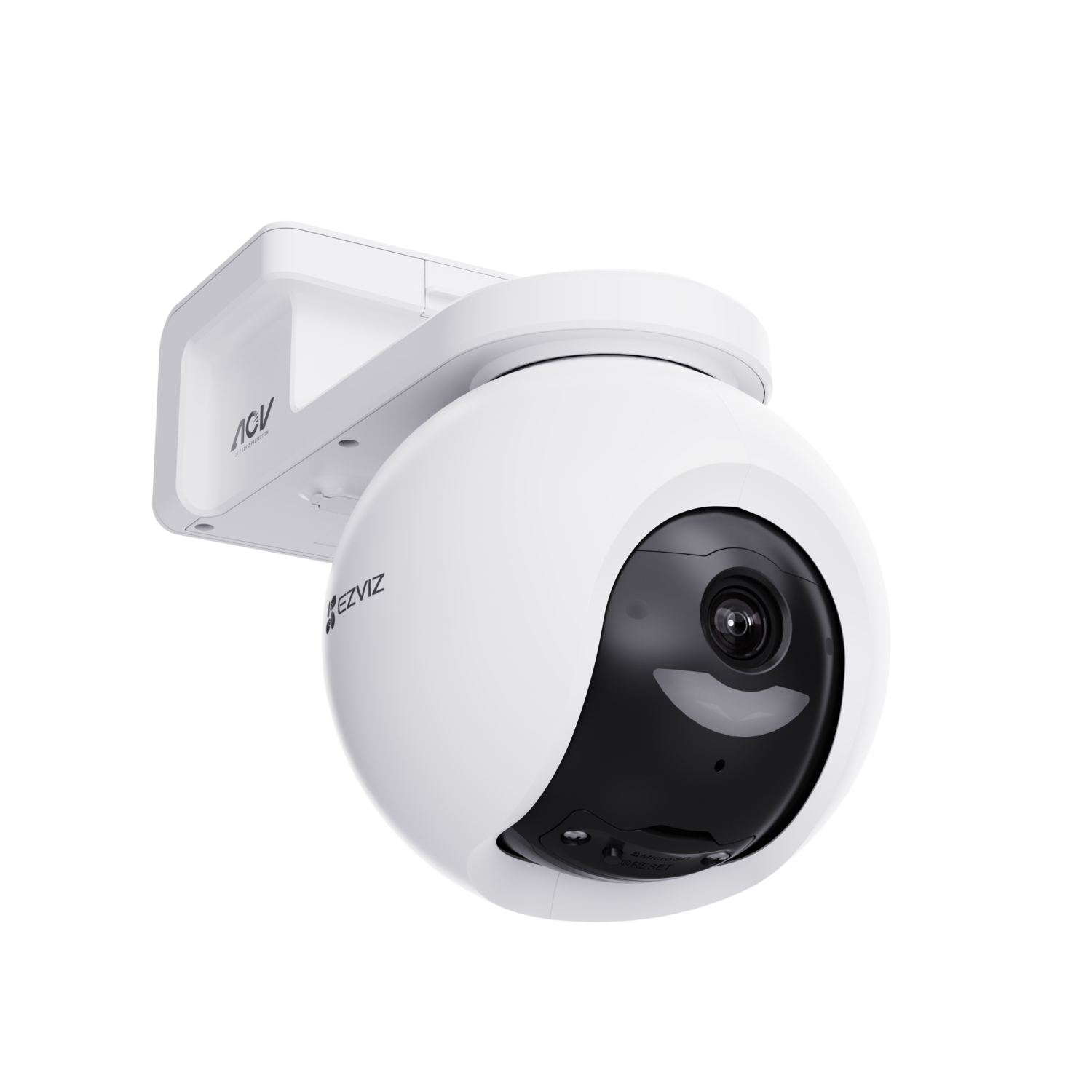 Witte beveiligingscamera met zwarte lens, gemonteerd op een witte beugel.
