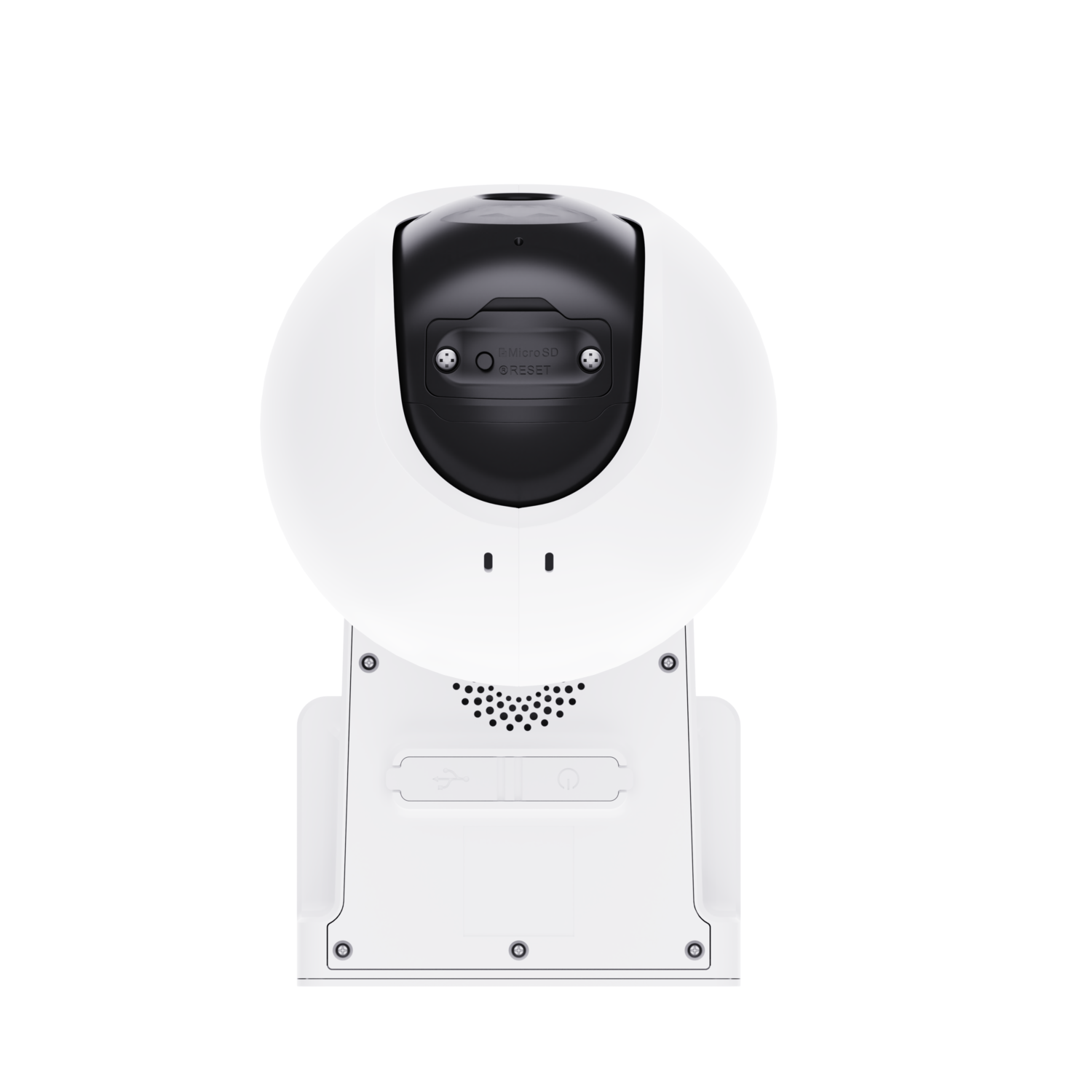 Een witte beveiligingscamera met een zwarte bovenkant op een witte standaard. De camera staat naar voren gericht.