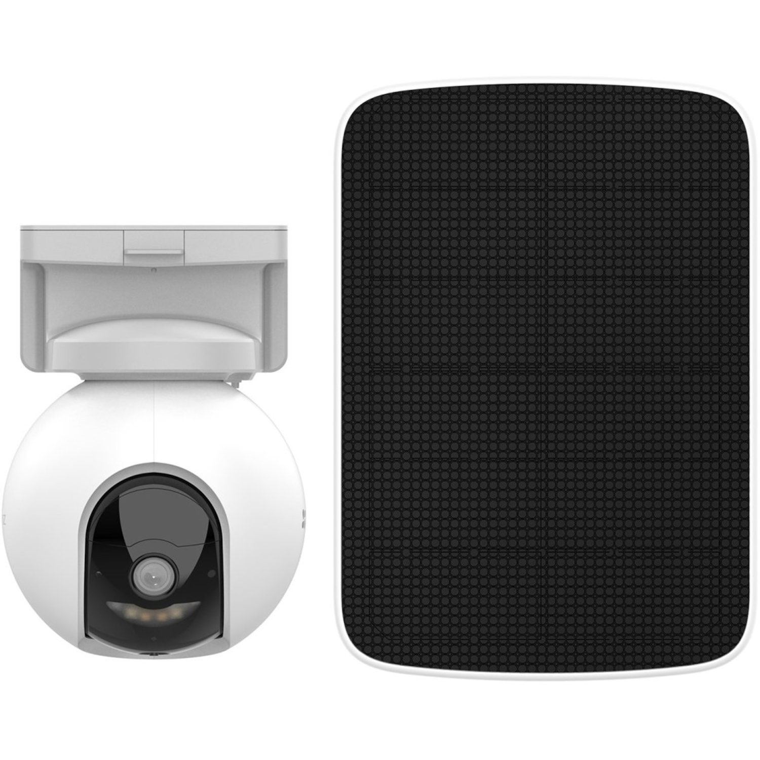 Witte beveiligingscamera met zwarte lens en zonnepaneel op witte achtergrond.