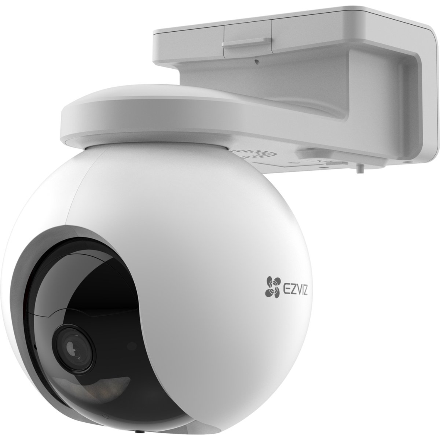 Witte EZVIZ beveiligingscamera aan de muur, bolvormig met een lens.