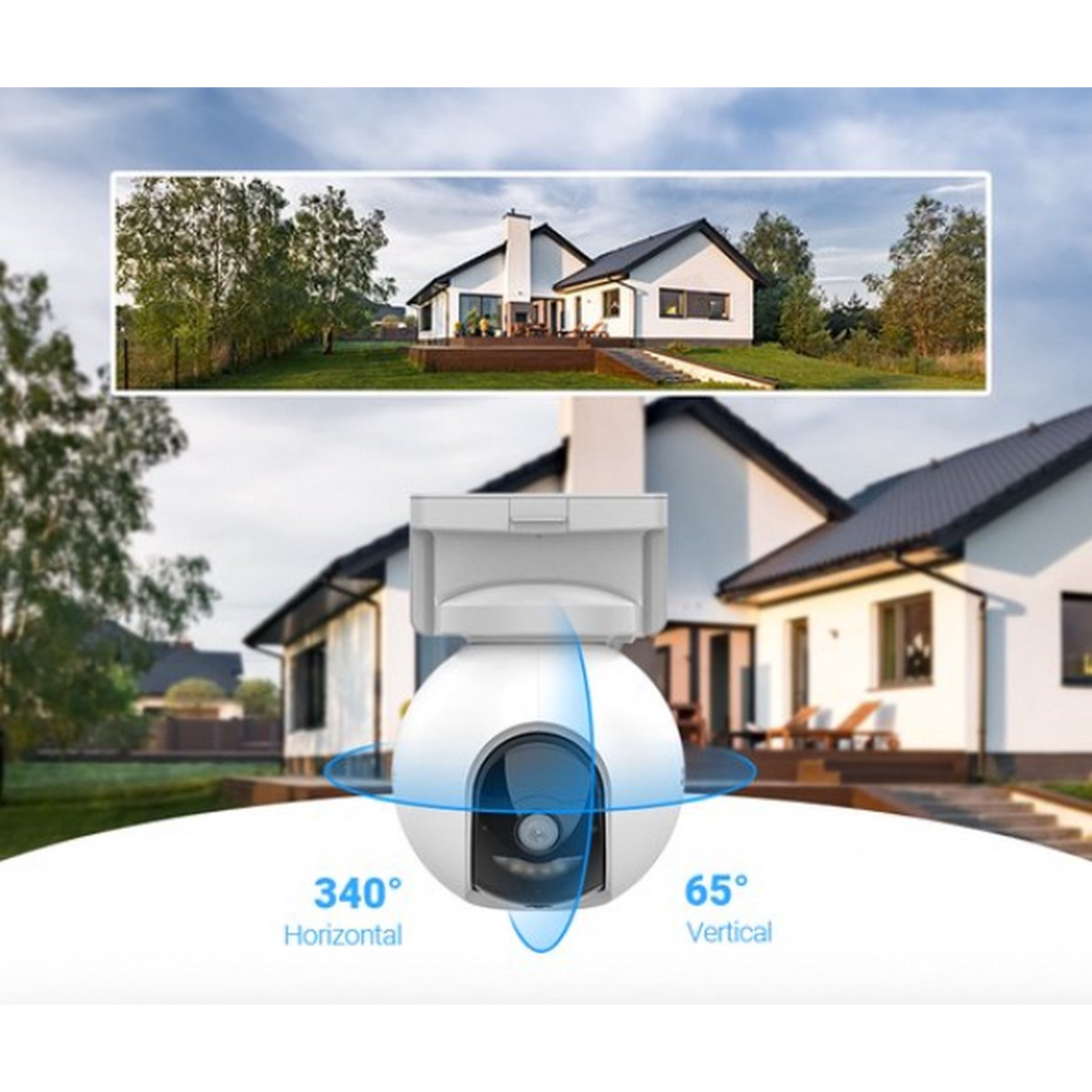 Een beveiligingscamera is op een huis gemonteerd, met details over horizontale en verticale dekking.