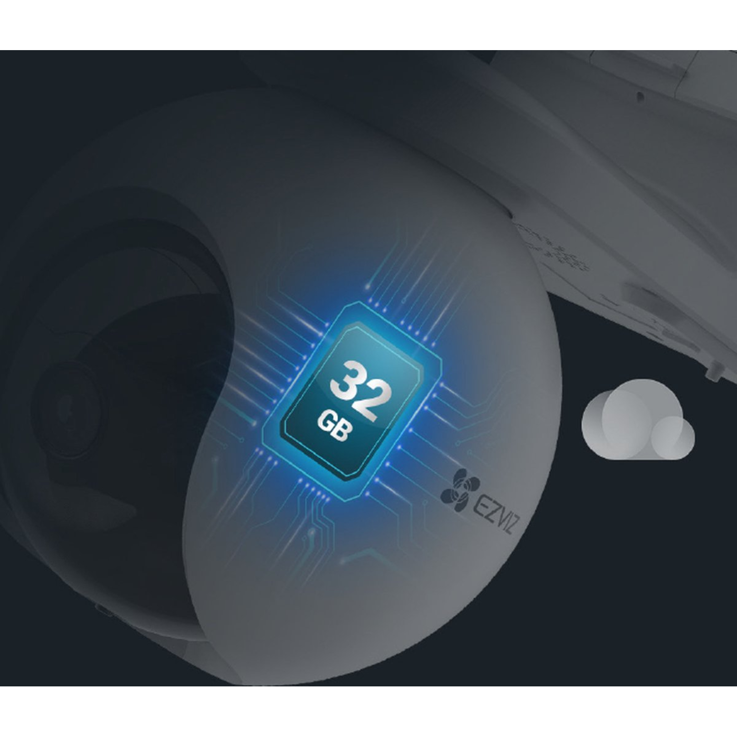 Close-up van een beveiligingscamera met een 32GB grafiek en een wolkpictogram.