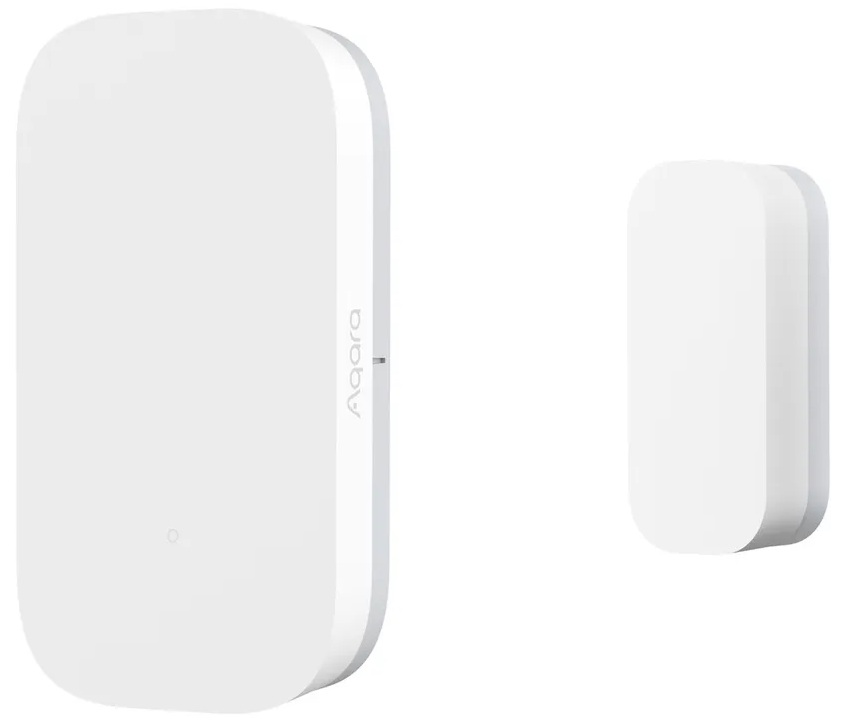 Dwa białe urządzenia Aqara, jedno prostokątne, drugie mniejsze.