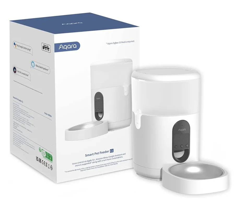 Inteligentny karmnik dla zwierząt ze skrzynką, biały i metalowa miska.