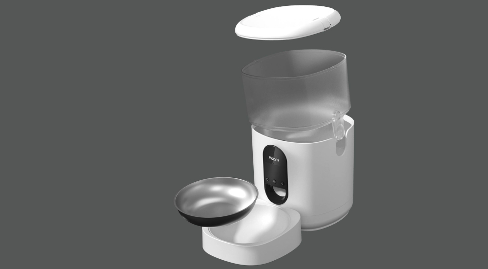 Biały dozownik karmy dla zwierząt ze zdejmowanymi częściami, miską i przezroczystym pojemnikiem.